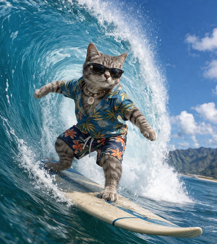 A tabby cat in a Hawaiian shirt surfing a blue wave