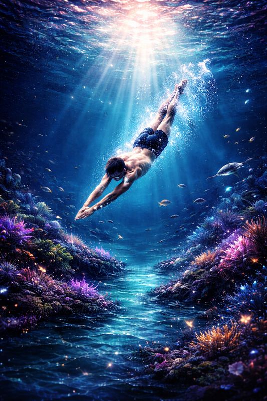 A swimmer diving toward a glowing coral reef