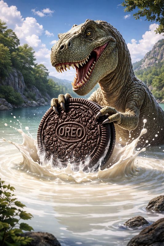 A T. rex dunking a giant Oreo cookie into a milky lake