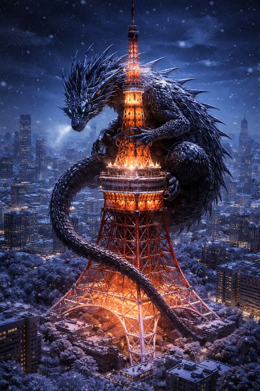 A massive dragon coiled around the Tokyo Tower at night