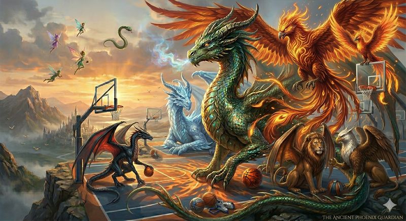 A phoenix and dragons gathering on a mythical basketball court