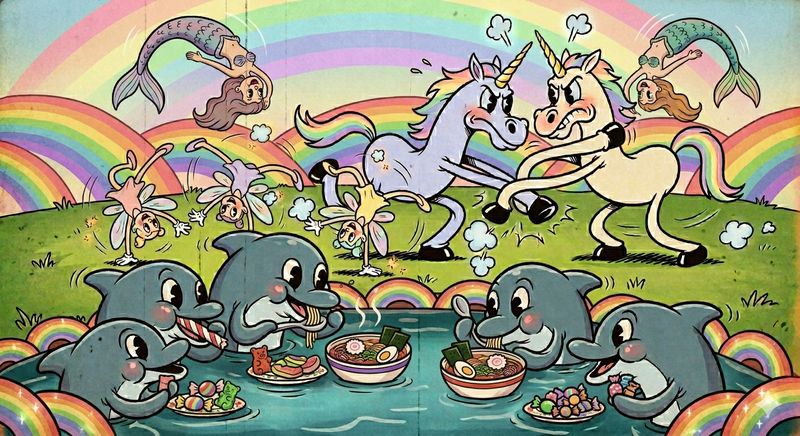 Cartoon unicorns, mermaids and dolphins sharing a meal under a rainbow