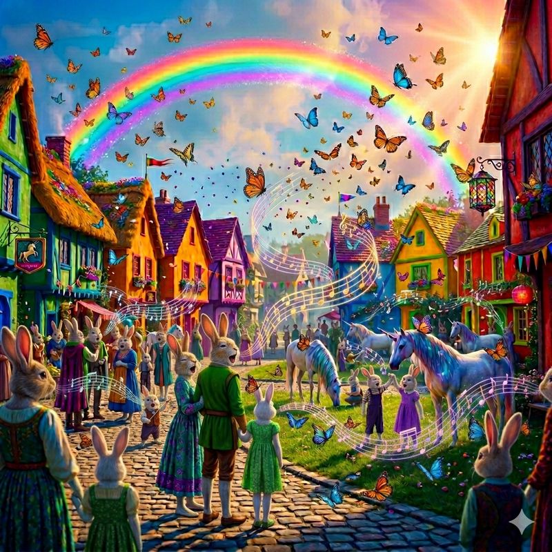 A whimsical bunny village with butterflies and a rainbow