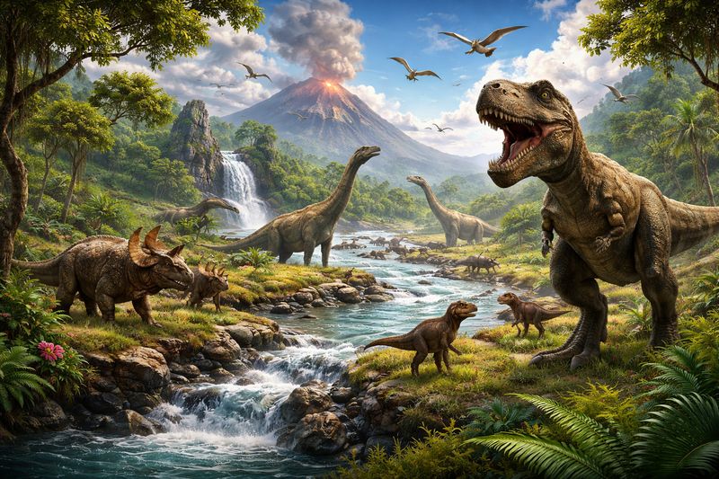 A prehistoric jungle with a T. rex, sauropods and an erupting volcano